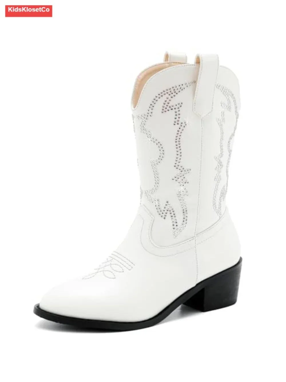Girls Cowboy Boots Pull On Mid Calf Western Boots Rhinestone Embellished